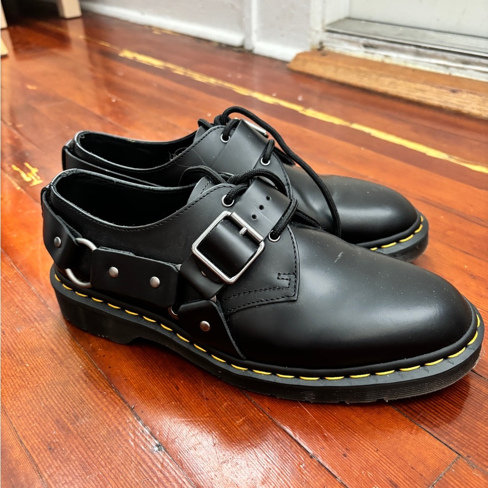 Dr. Martens Black Leather Buckle Oxford with Yellow Stitching